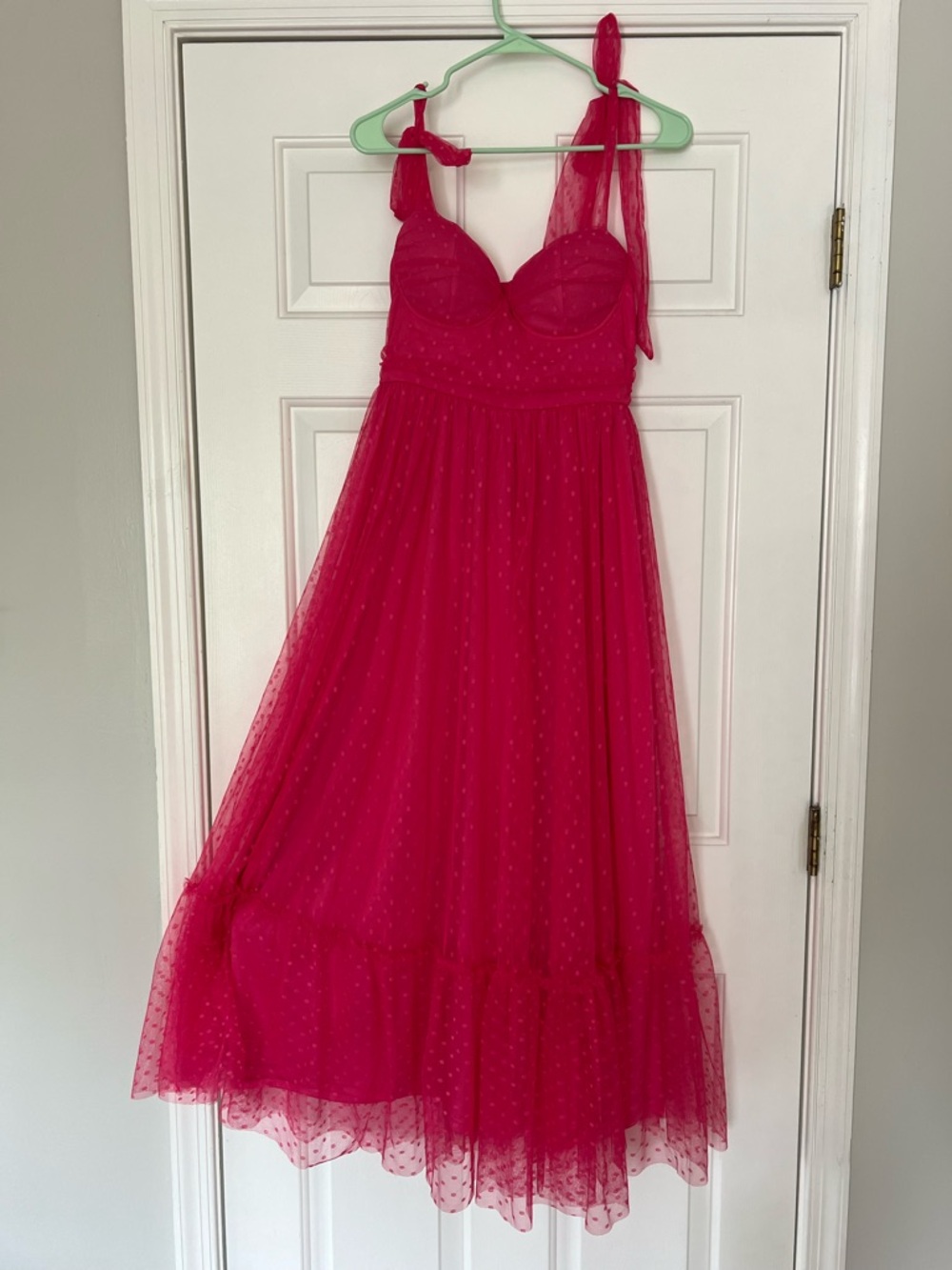 Fuchsia Dot Mesh Midi Dress with Tie Straps